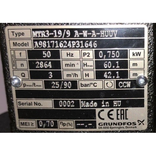 Pompe Grundfos Type MTR3-19/9 A-W-A-HUUV  3X230/400 V 50 HZ