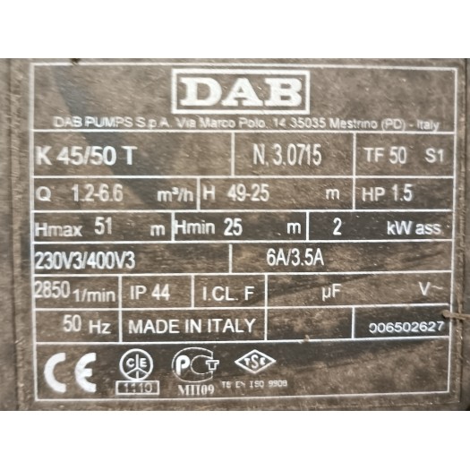 Pompe centrifuge horizontale bi-turbines Type K 45/50T 1.1kw 400v